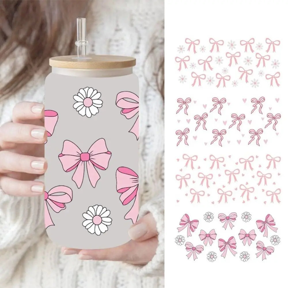 UV DTF Wrap Transfer Pink Bow Sticker Water Bottles Sticker For 16Oz Glass Cup