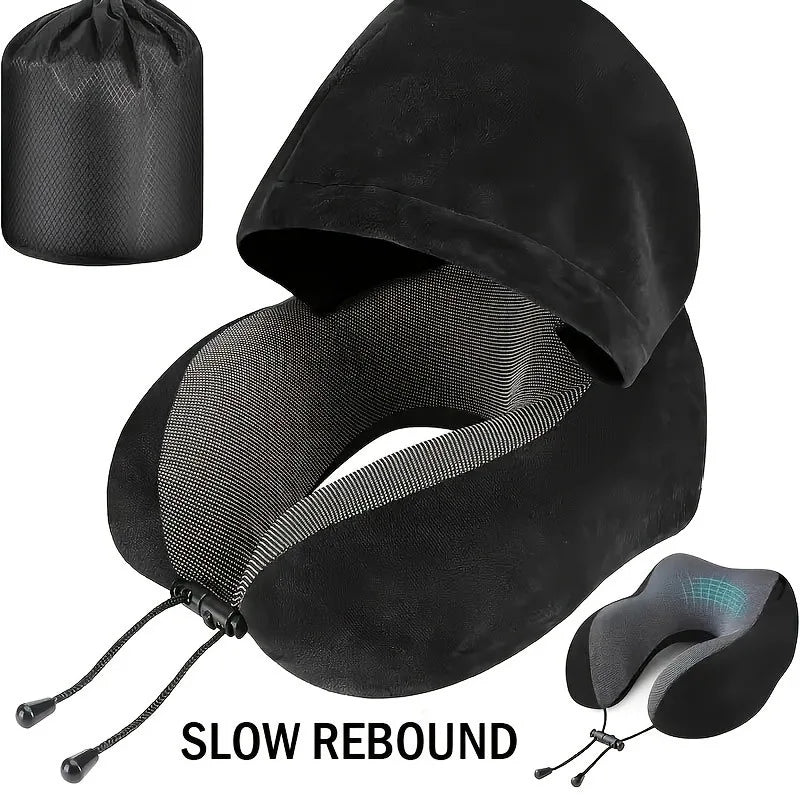 Memory Foam Hooded U-Shaped Travel Pillow with Detachable Cover Portable