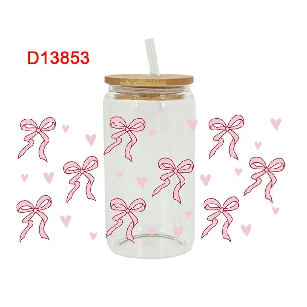 UV DTF Wrap Transfer Pink Bow Sticker Water Bottles Sticker For 16Oz Glass Cup