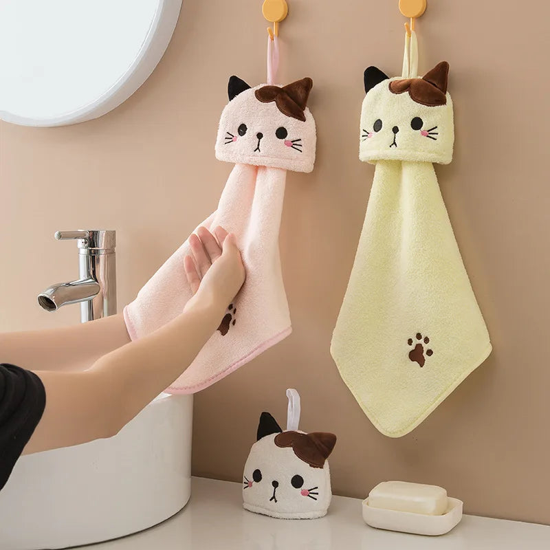 Cute Cat Kitchen Cleaning Towel Hanging Hand Towels Absorbent  Dishcloths Coral