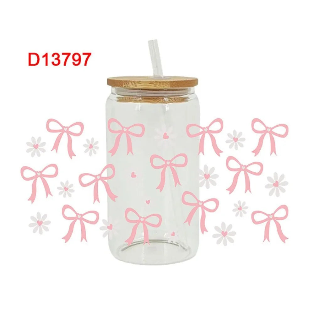UV DTF Wrap Transfer Pink Bow Sticker Water Bottles Sticker For 16Oz Glass Cup