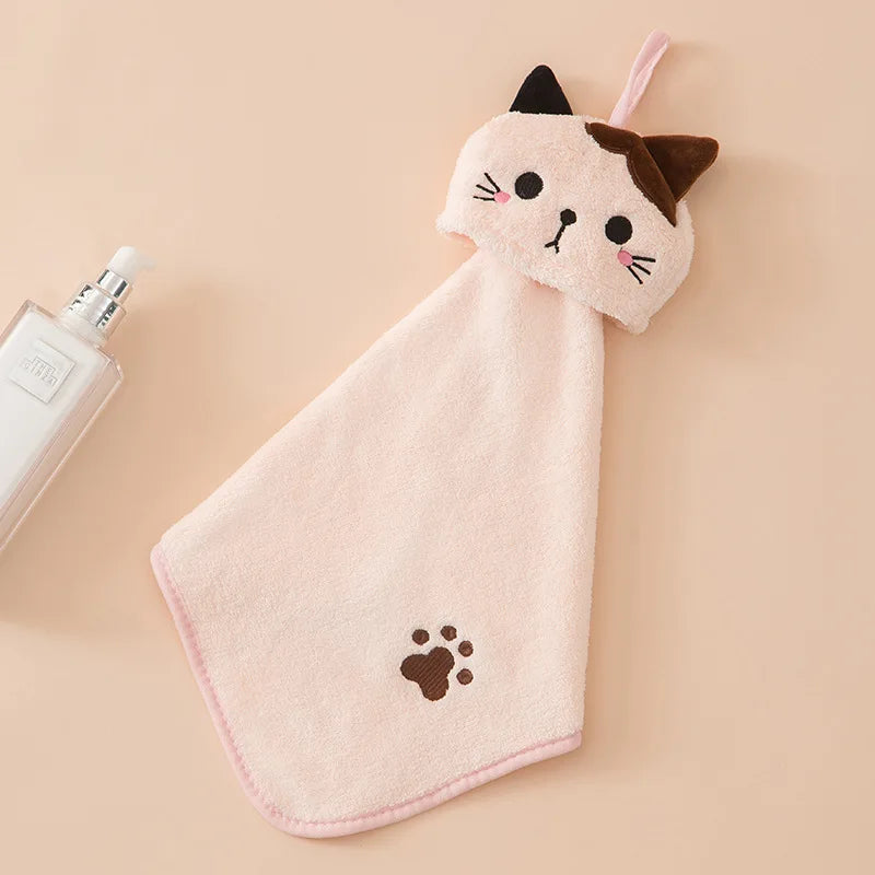 Cute Cat Kitchen Cleaning Towel Hanging Hand Towels Absorbent  Dishcloths Coral