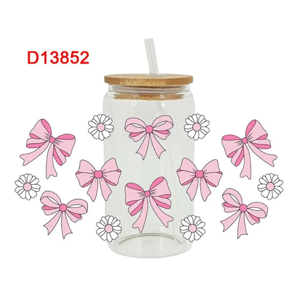 UV DTF Wrap Transfer Pink Bow Sticker Water Bottles Sticker For 16Oz Glass Cup