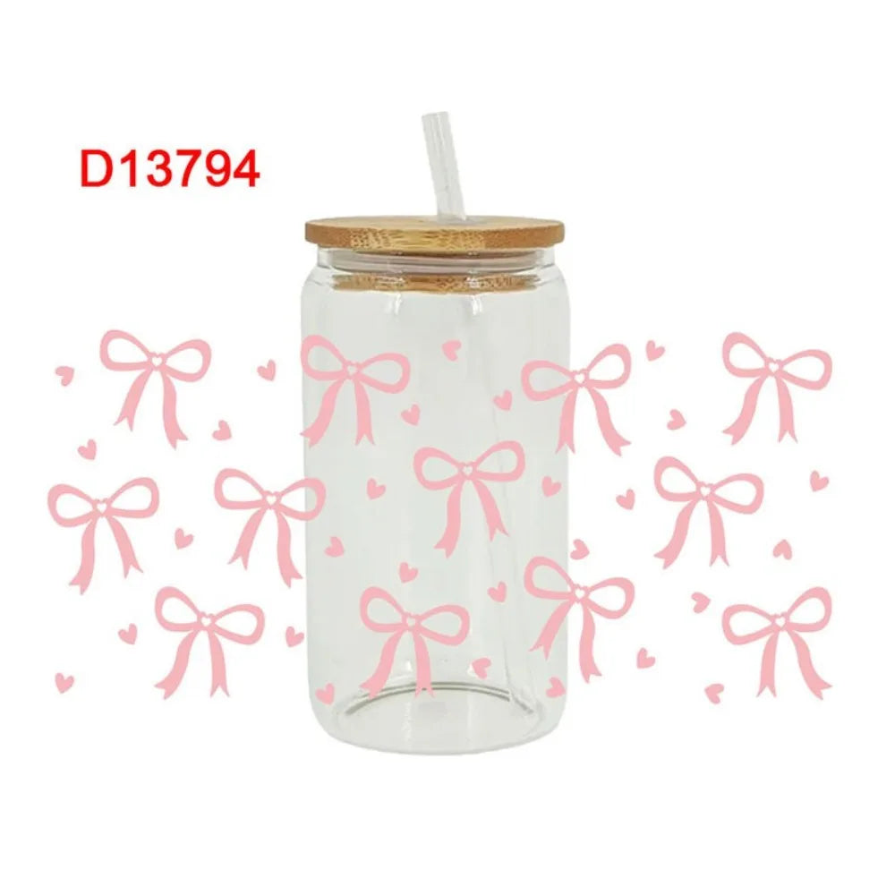 UV DTF Wrap Transfer Pink Bow Sticker Water Bottles Sticker For 16Oz Glass Cup