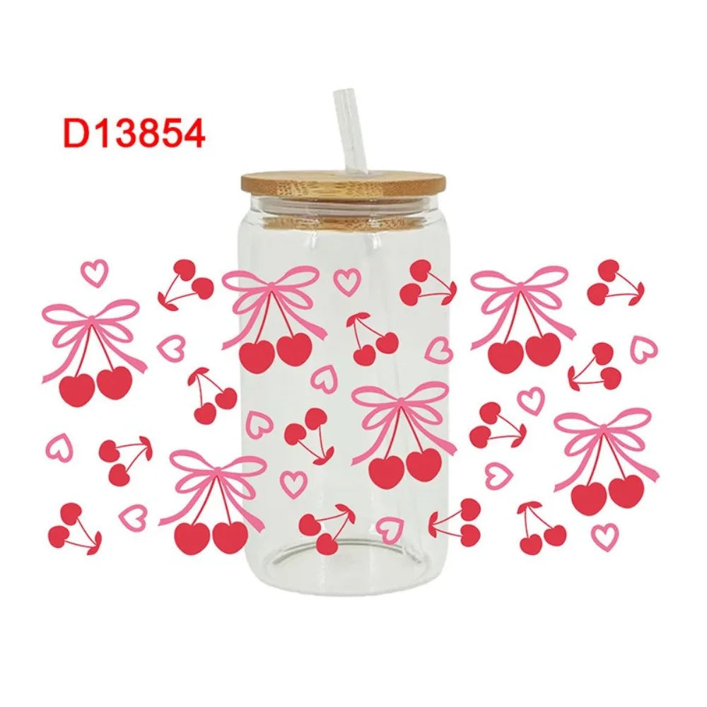 UV DTF Wrap Transfer Pink Bow Sticker Water Bottles Sticker For 16Oz Glass Cup