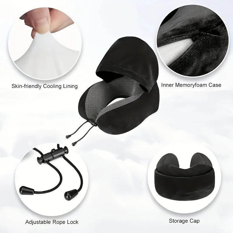 Memory Foam Hooded U-Shaped Travel Pillow with Detachable Cover Portable