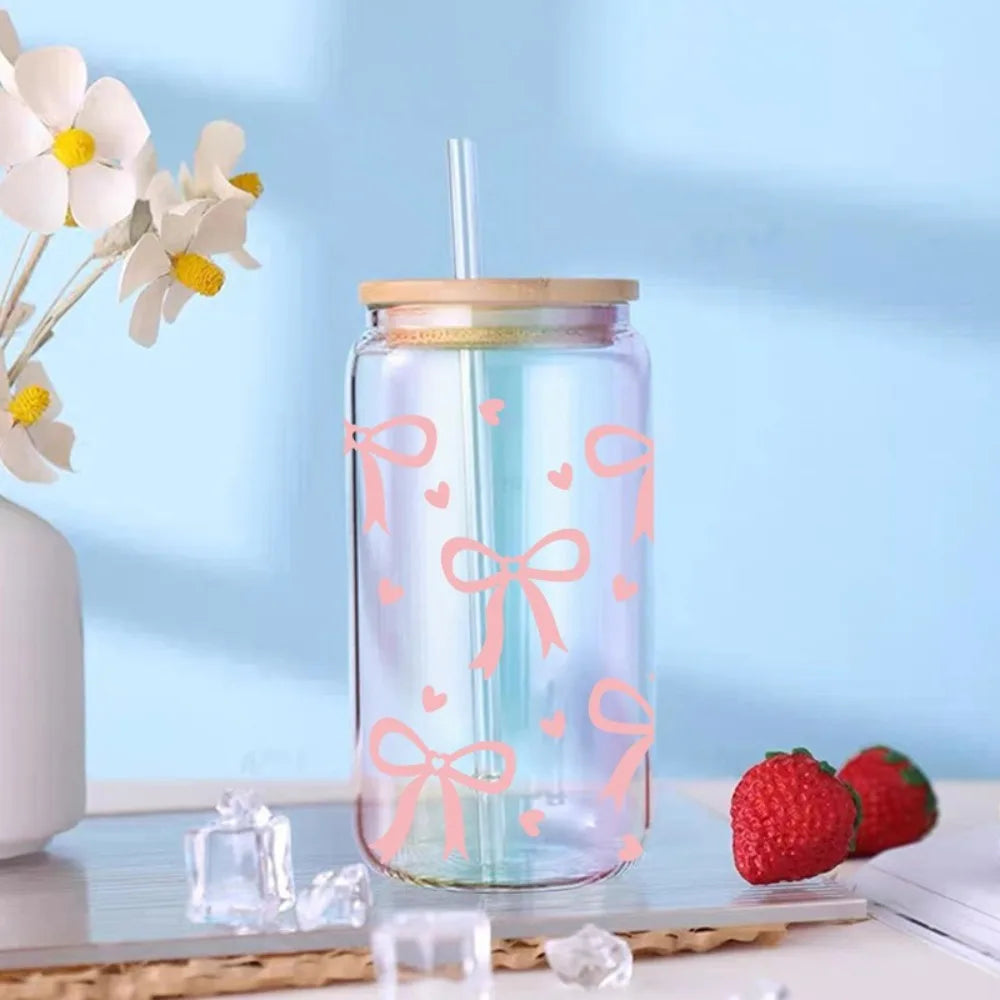 UV DTF Wrap Transfer Pink Bow Sticker Water Bottles Sticker For 16Oz Glass Cup