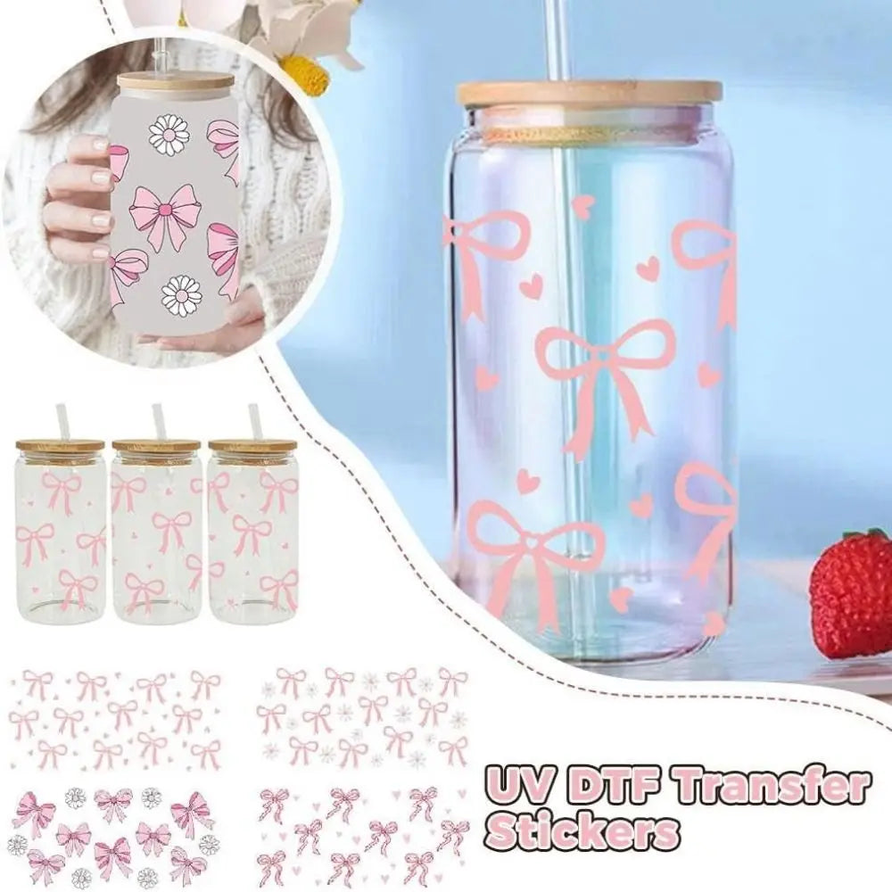 UV DTF Wrap Transfer Pink Bow Sticker Water Bottles Sticker For 16Oz Glass Cup