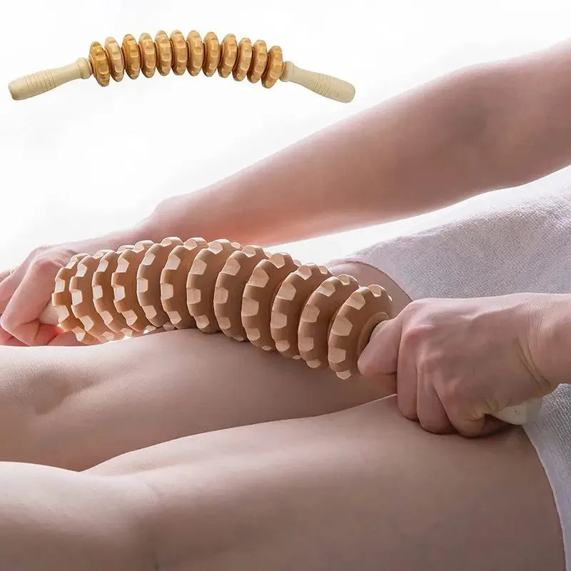 Body Fascia Massager Anti-slip Handle Wood Grooved Gear Arms Legs Thighs