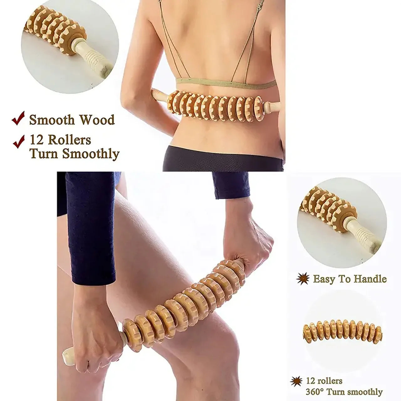 Body Fascia Massager Anti-slip Handle Wood Grooved Gear Arms Legs Thighs