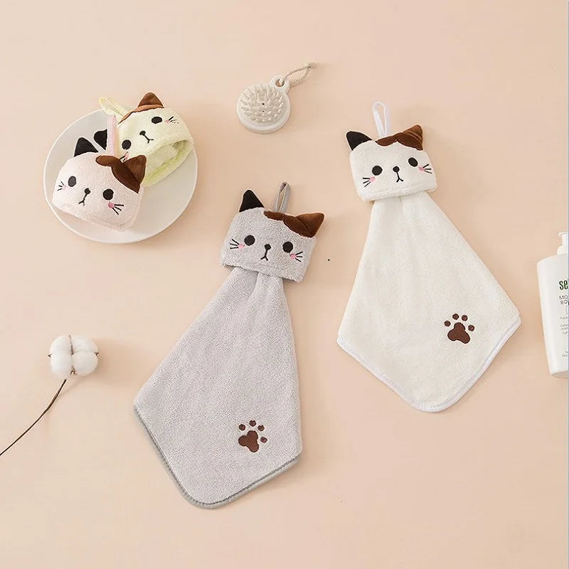 Cute Cat Kitchen Cleaning Towel Hanging Hand Towels Absorbent  Dishcloths Coral