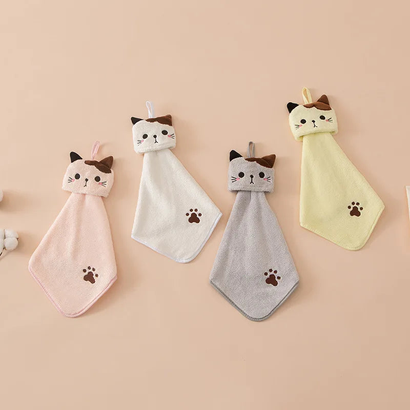 Cute Cat Kitchen Cleaning Towel Hanging Hand Towels Absorbent  Dishcloths Coral