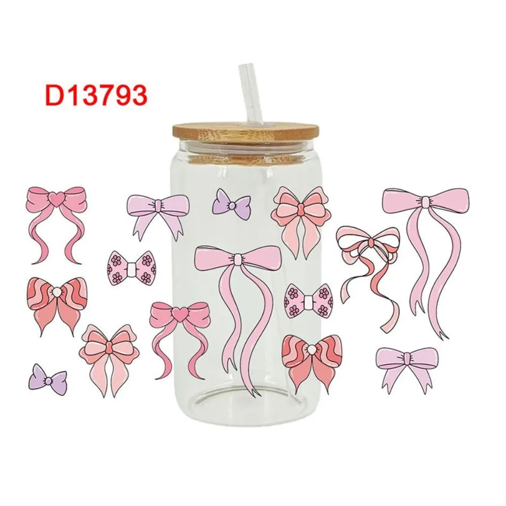 UV DTF Wrap Transfer Pink Bow Sticker Water Bottles Sticker For 16Oz Glass Cup