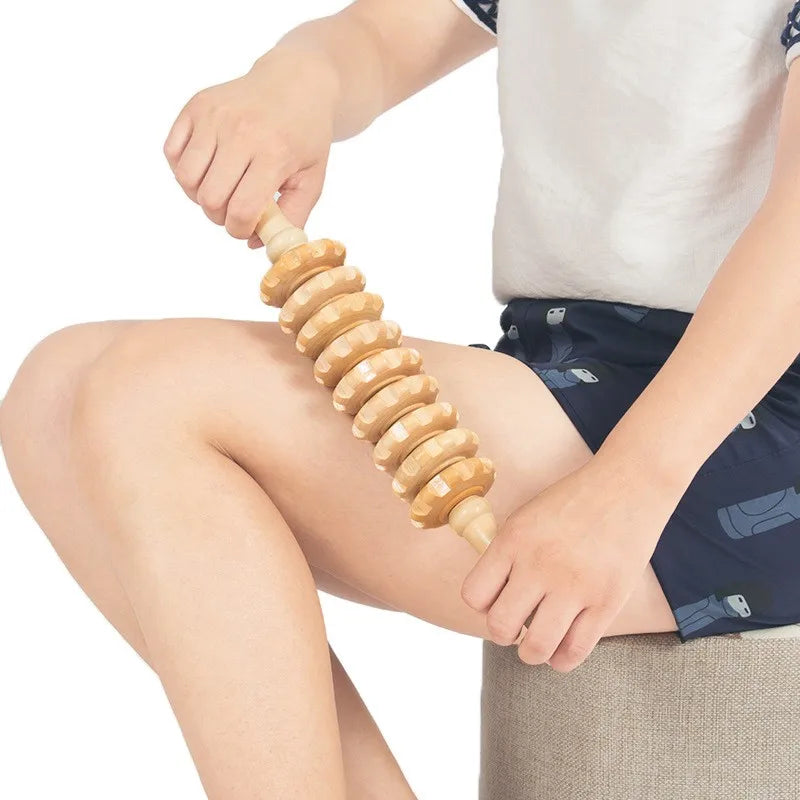 Body Fascia Massager Anti-slip Handle Wood Grooved Gear Arms Legs Thighs