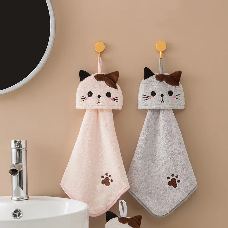 Cute Cat Kitchen Cleaning Towel Hanging Hand Towels Absorbent  Dishcloths Coral
