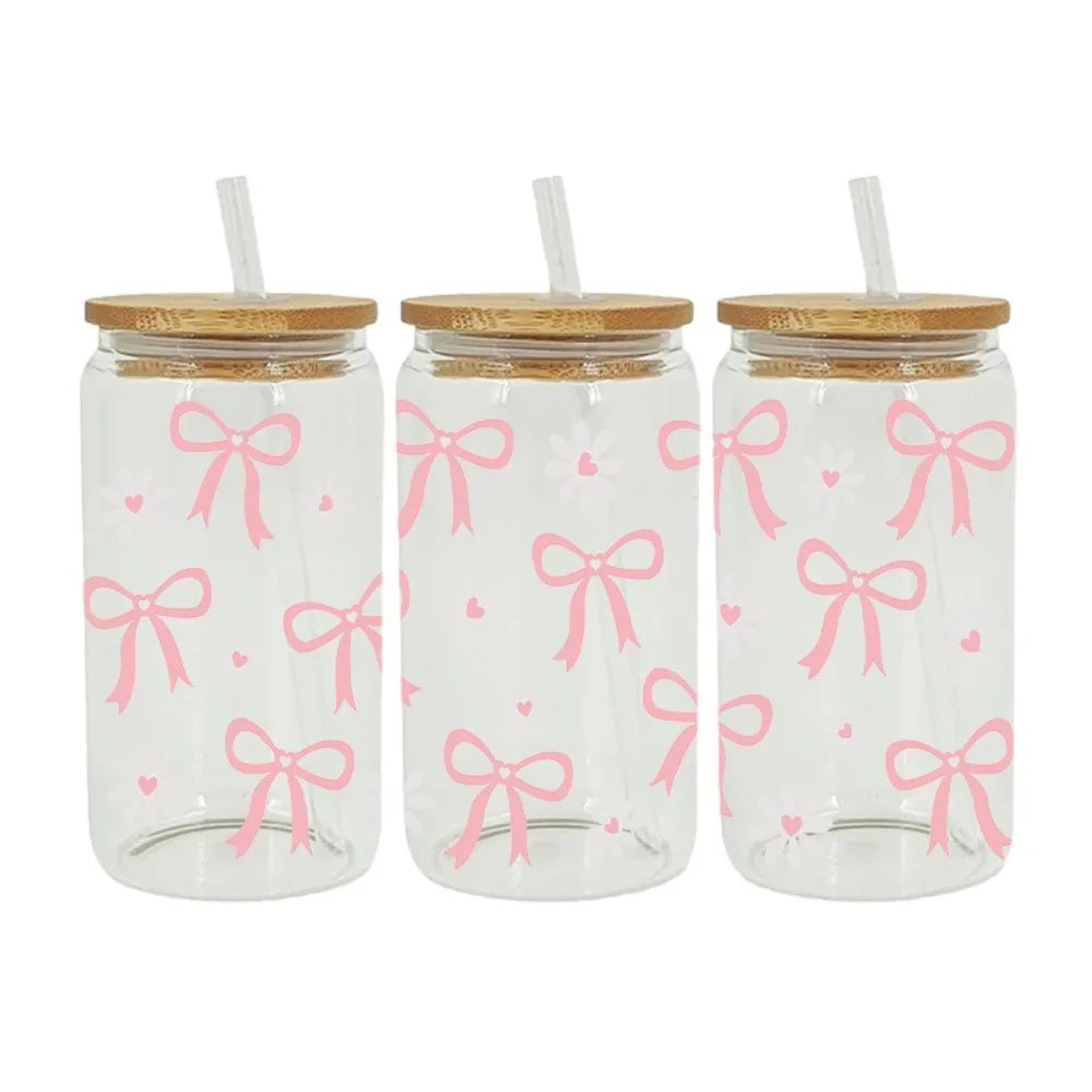UV DTF Wrap Transfer Pink Bow Sticker Water Bottles Sticker For 16Oz Glass Cup